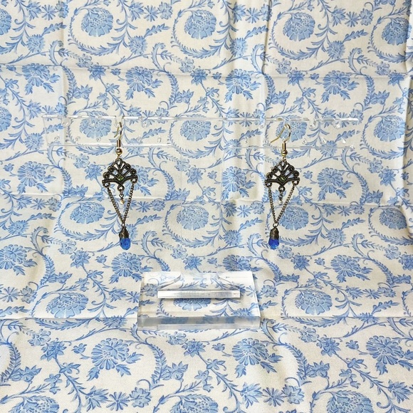 Antique Gold Blue Gemstone Green Crystal Teardrop Dangle Earrings Hand Crafted - Picture 5 of 9